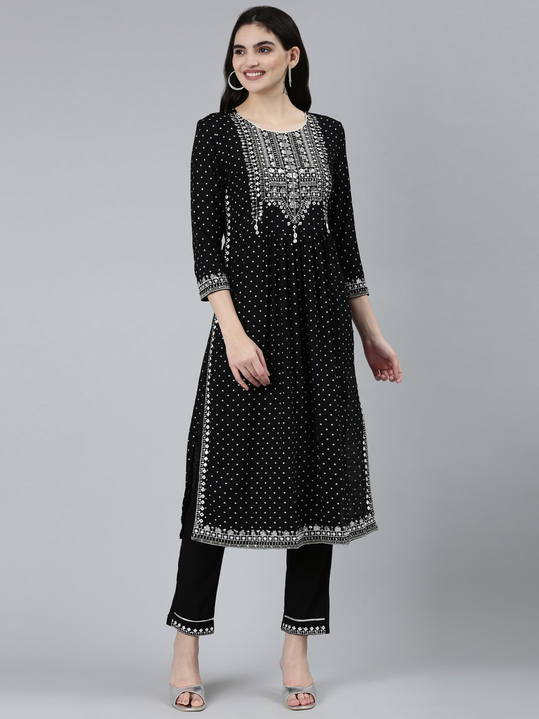 Neerus Black printed floral straight kurta set - front view