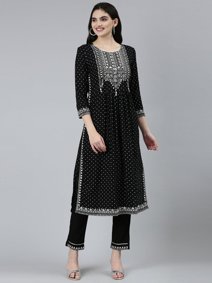 Neerus Black printed floral straight kurta set - front view