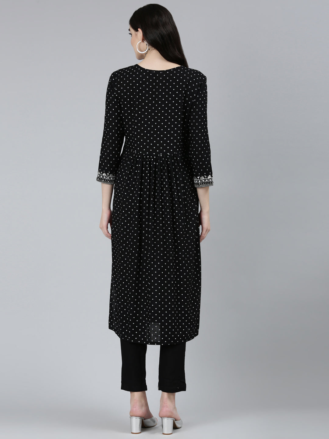 Neerus Black printed floral straight kurta set - side view
