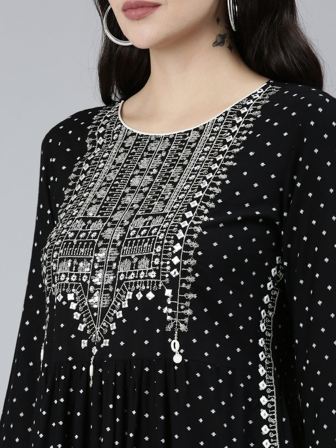 Neerus Black printed floral straight kurta set - detail view 1