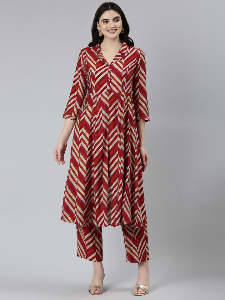 Neerus Maroon printed chevron kurta set with trousers - front view