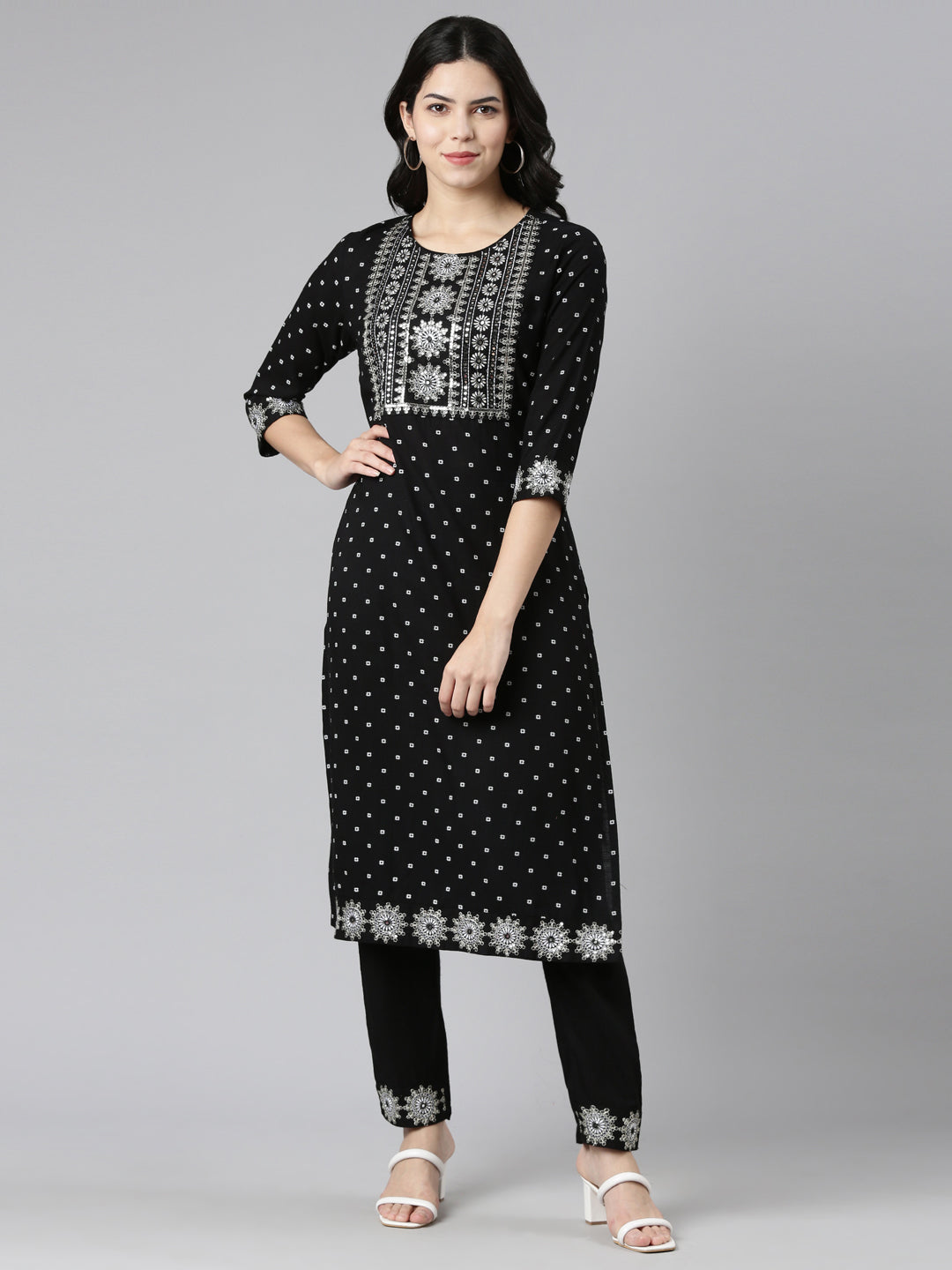Neerus Black printed straight kurta set with trousers - front view