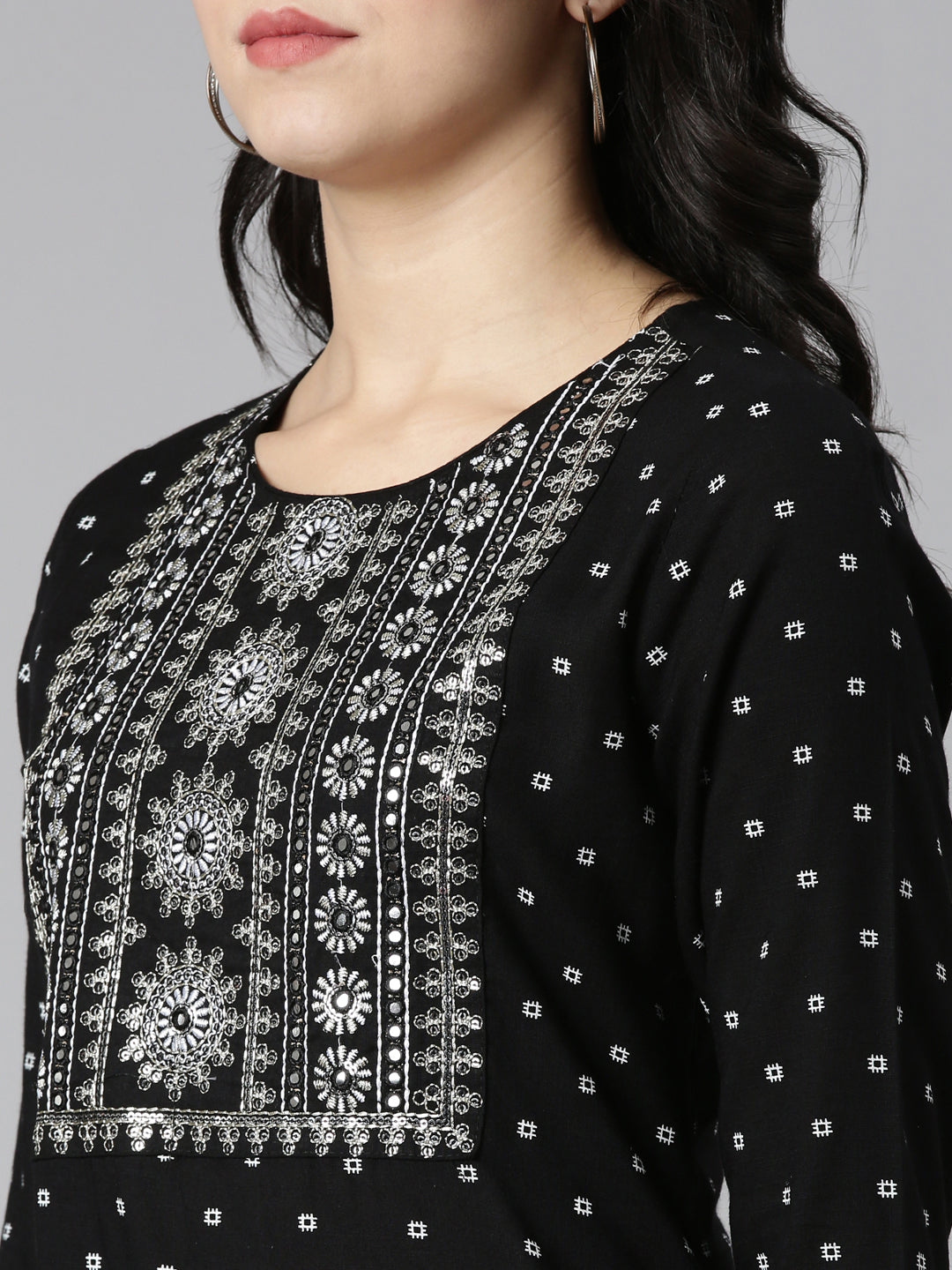 Neerus Black printed straight kurta set with trousers - detail view 1