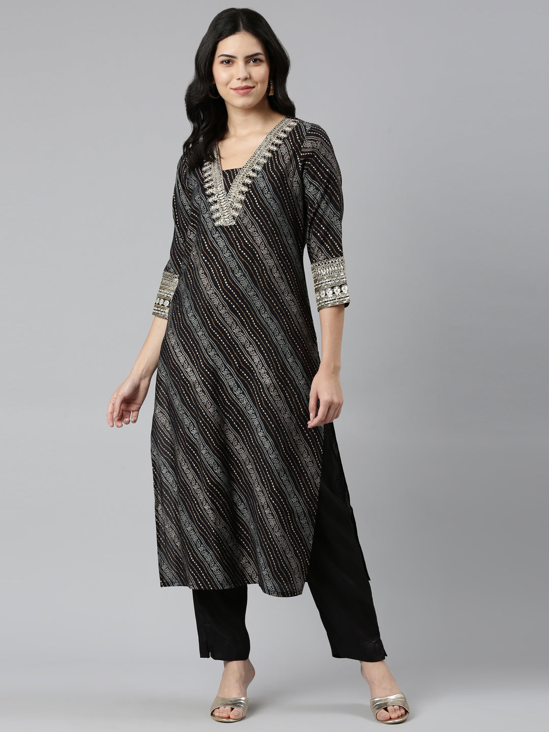 Neerus Black printed straight kurta set - detail view 2
