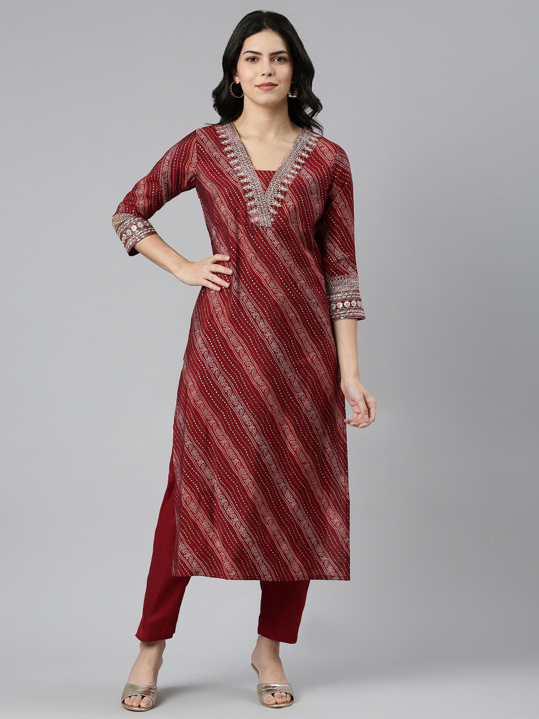 Neerus Maroon printed straight kurta set with dupatta - front view