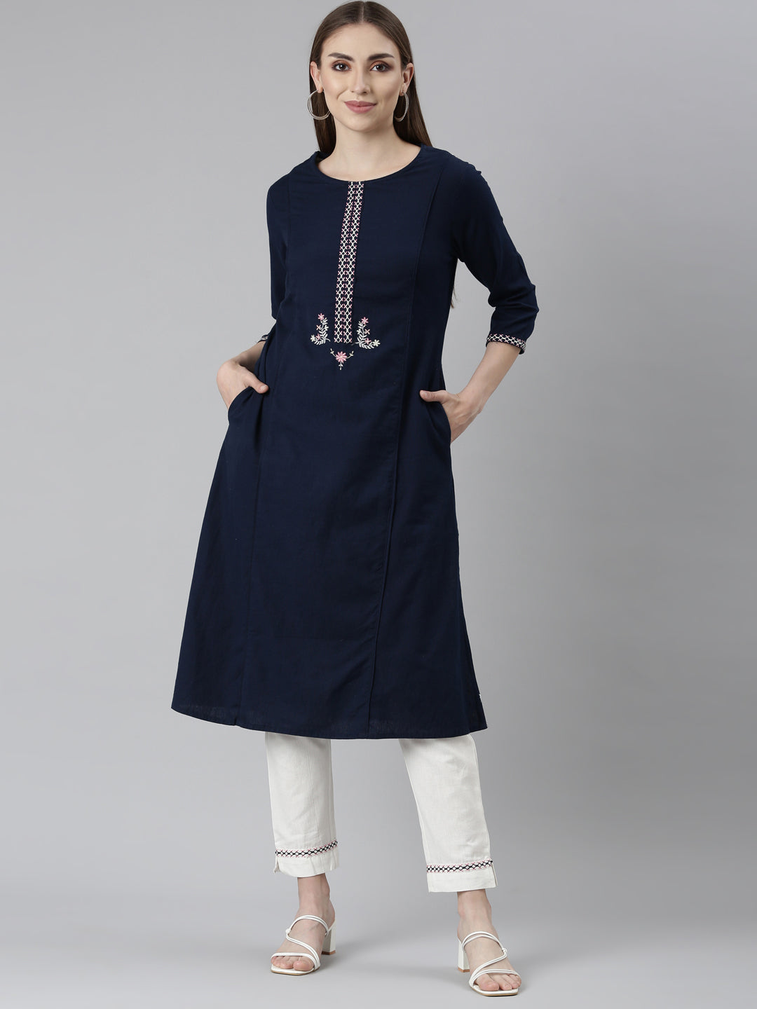 Neerus Blue solid straight kurta set with trouser - front view