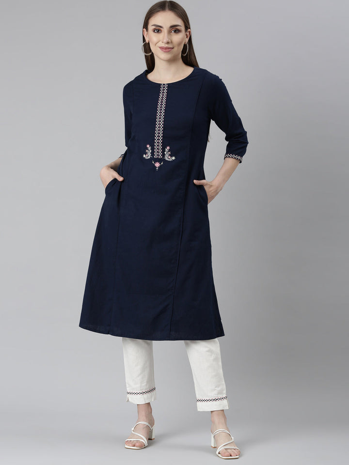 Neerus Blue solid straight kurta set with trouser - front view