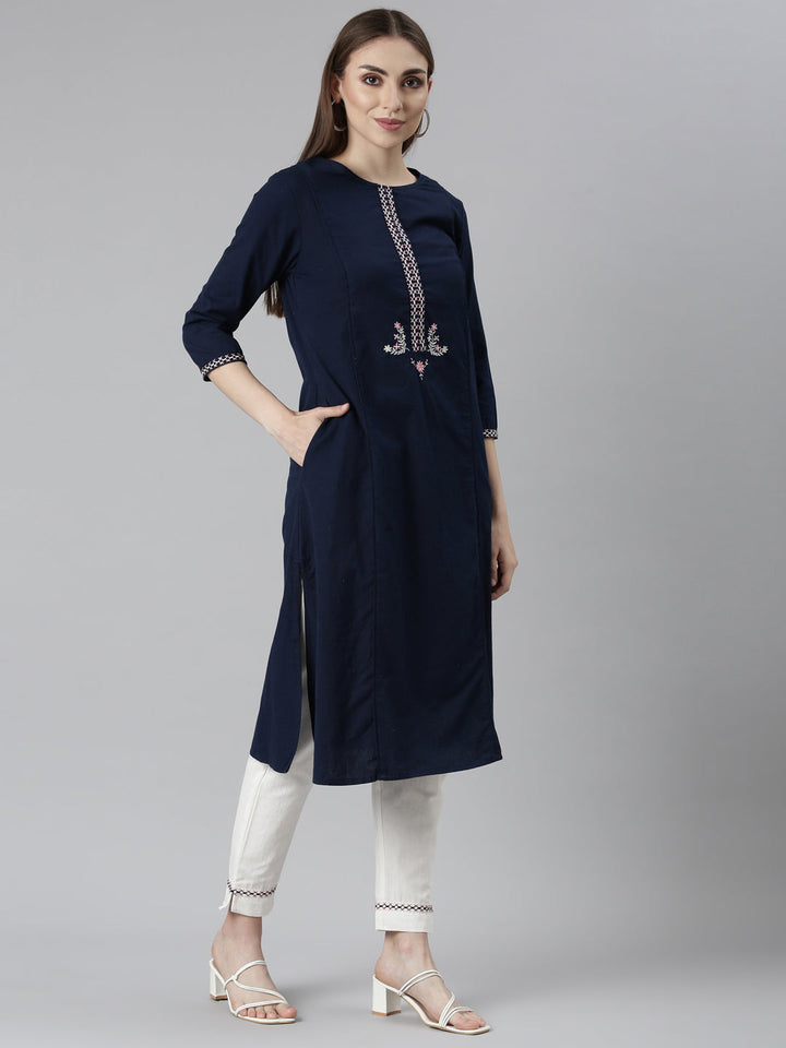 Neerus Blue solid straight kurta set with trouser - back view