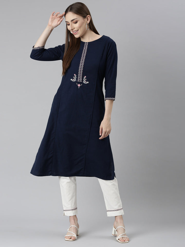 Neerus Blue solid straight kurta set with trouser - detail view 3