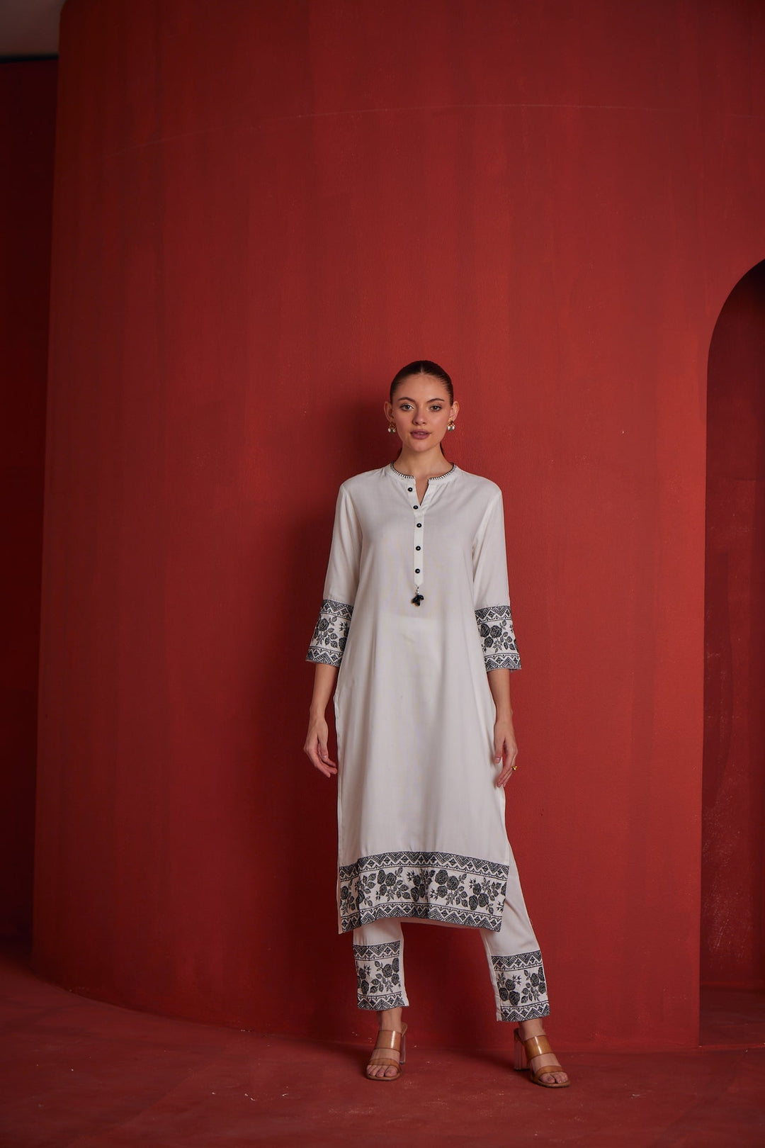 Neerus White solid straight kurta set with trouser - front view