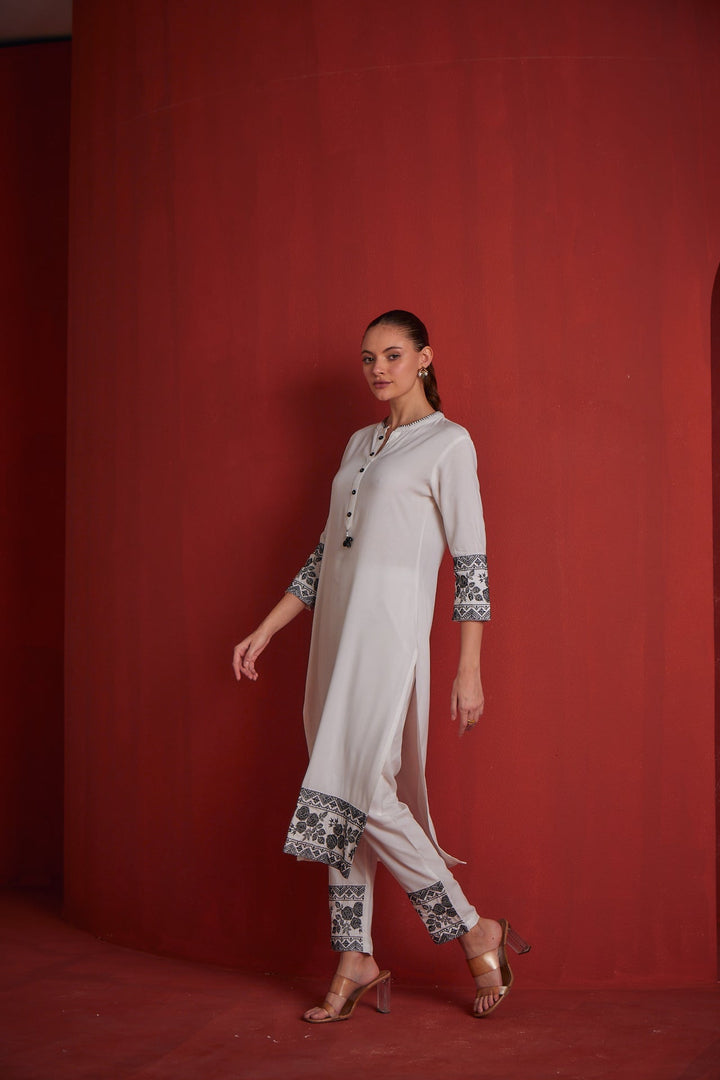 Neerus White solid straight kurta set with trouser - detail view 1