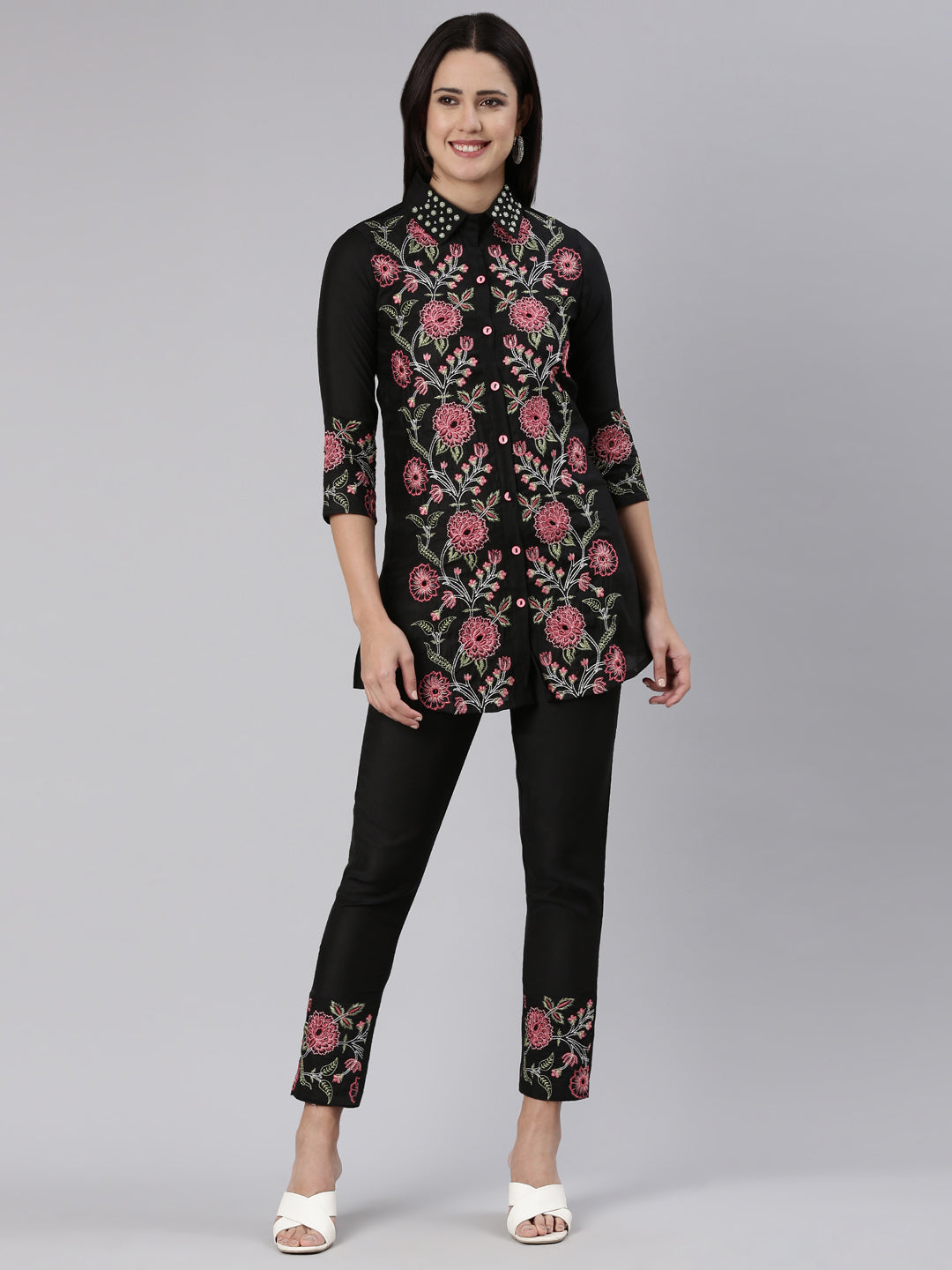 Neerus Black embroidered straight co-ord set - front view