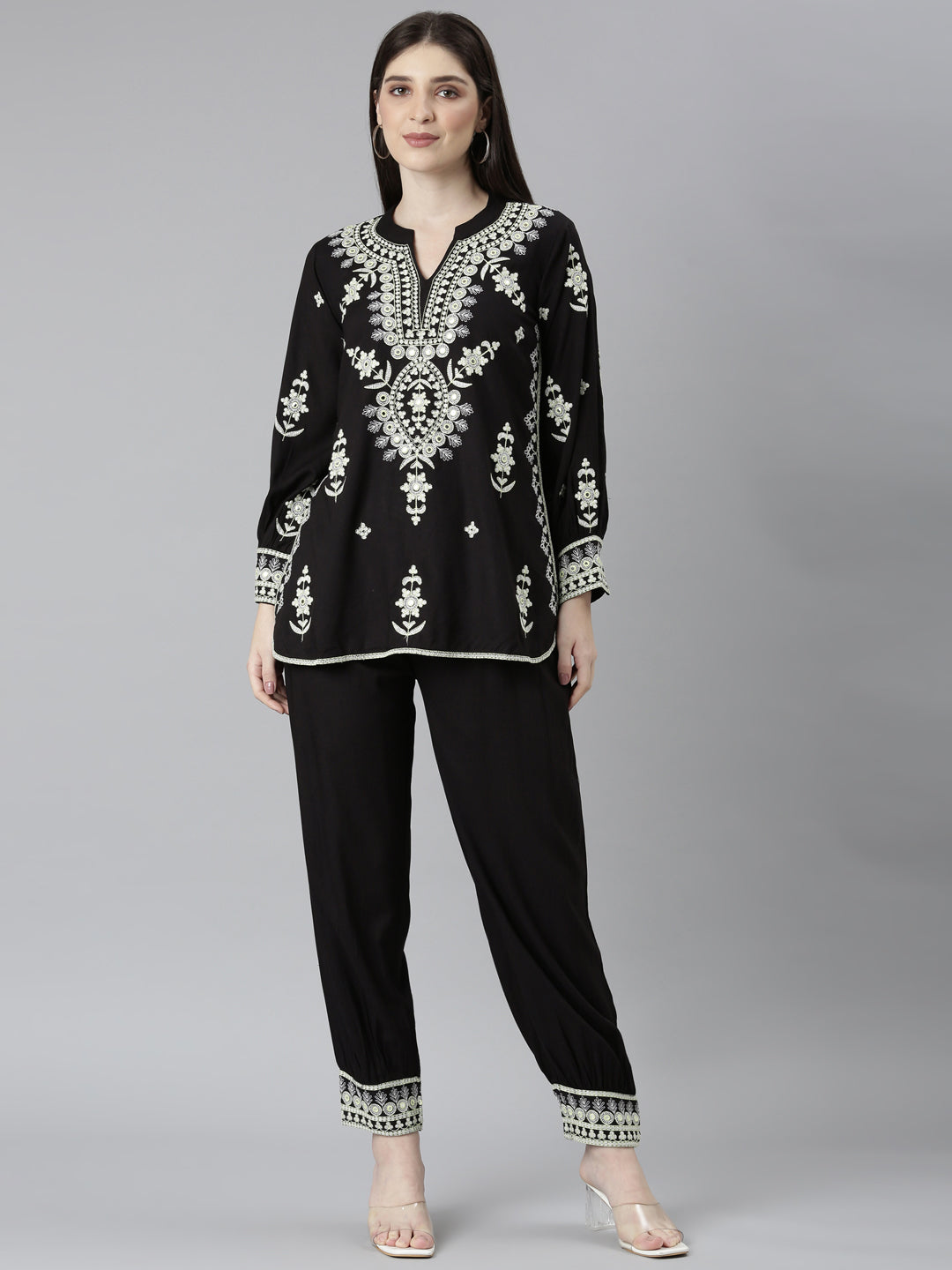 Neerus Black solid straight co-ord set top and trouser - front view