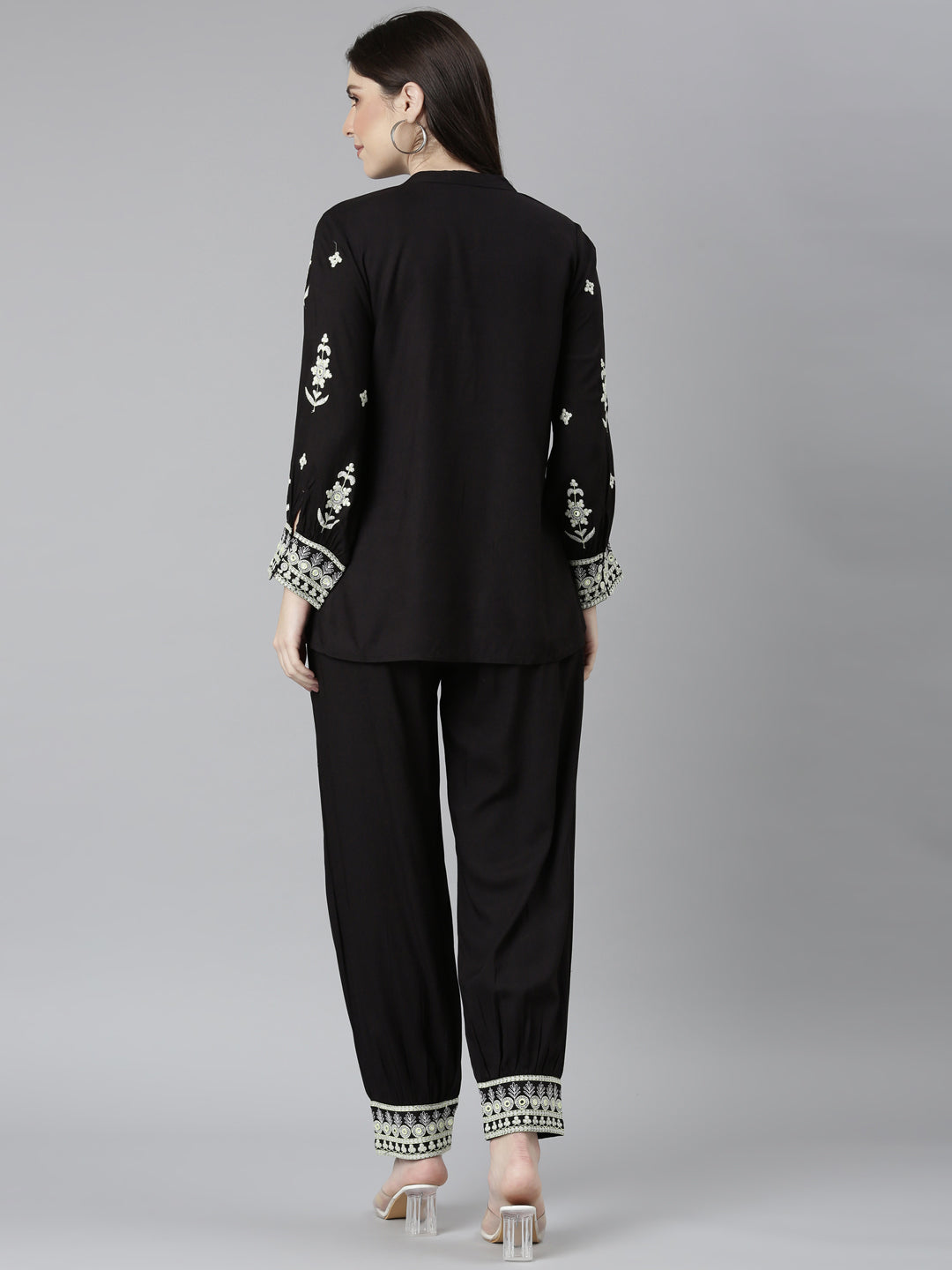 Neerus Black solid straight co-ord set top and trouser - side view