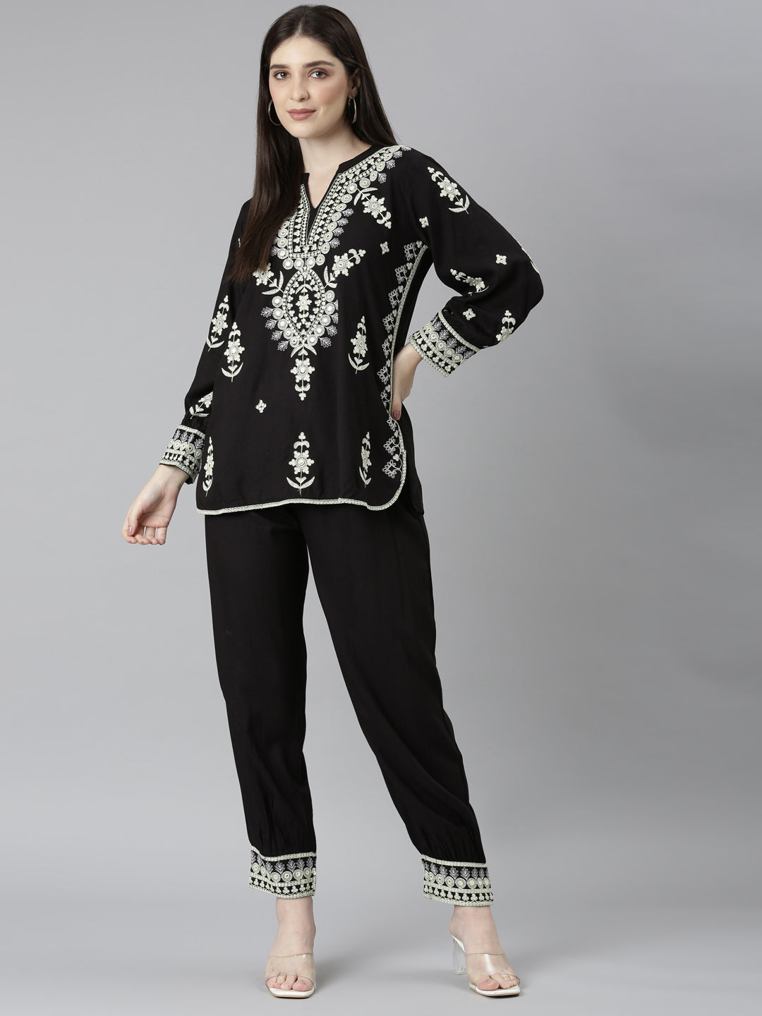 Neerus Black solid straight co-ord set top and trouser - detail view 2