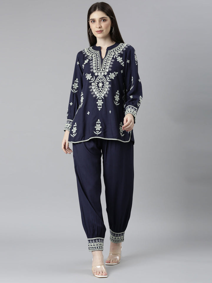 Neerus Blue solid straight co-ord set top and trousers - front view