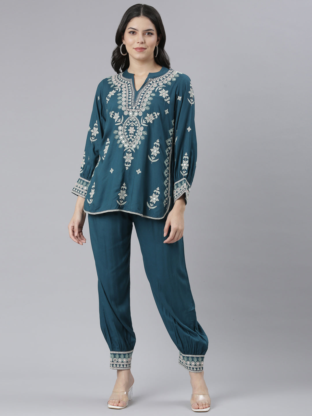 Neerus Green printed floral co-ord set kurta and salwar - detail view 2