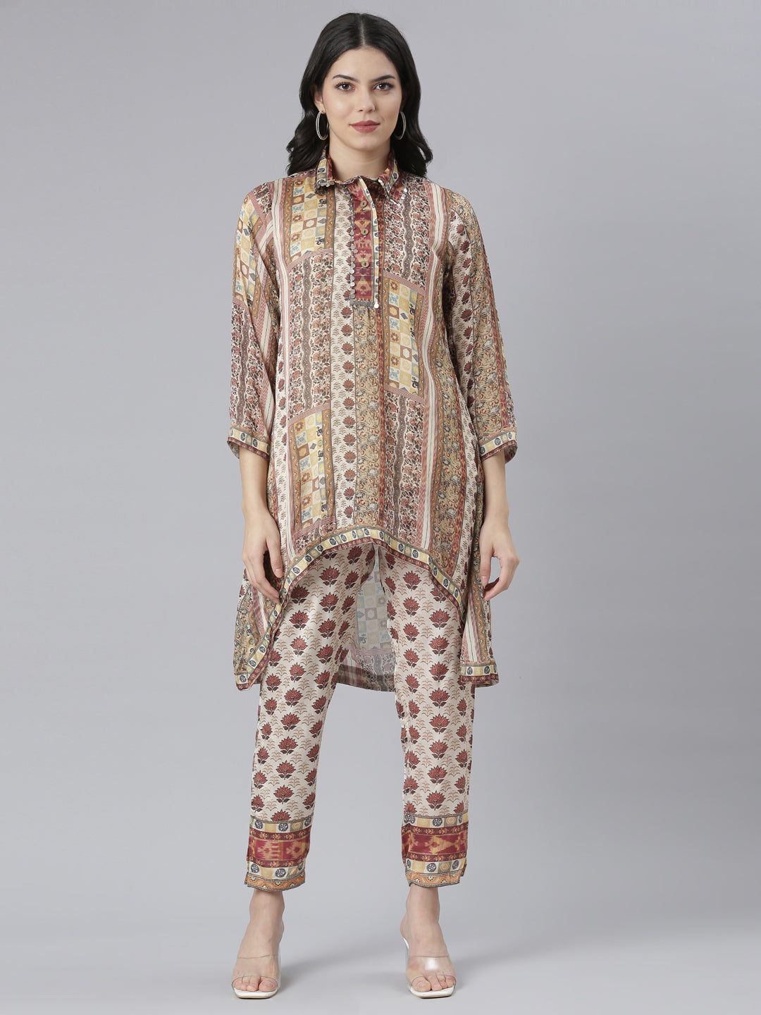 Neerus Beige printed floral co-ord set kurta trouser jacket - front view