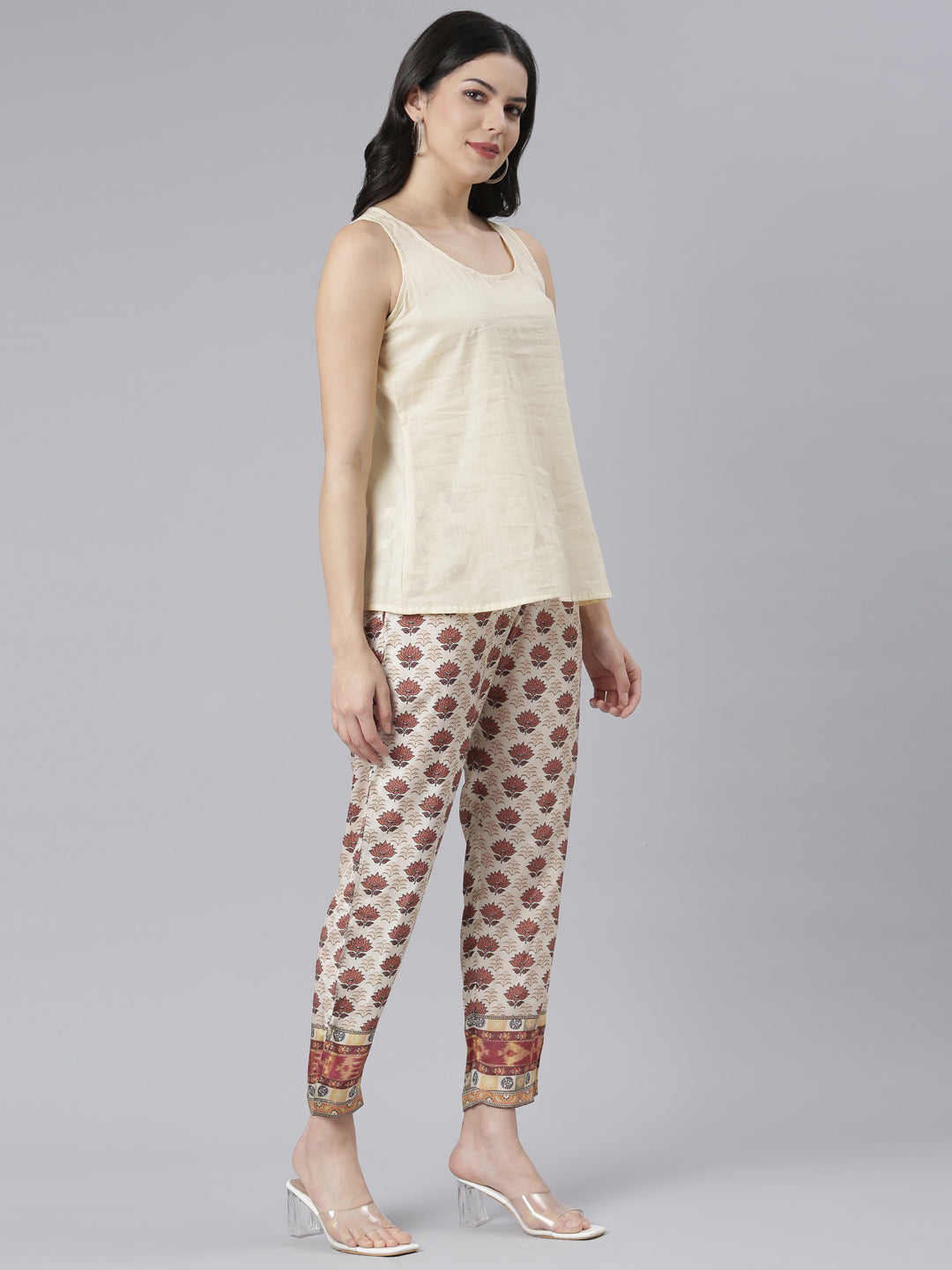 Neerus Beige printed floral co-ord set kurta trouser jacket - back view