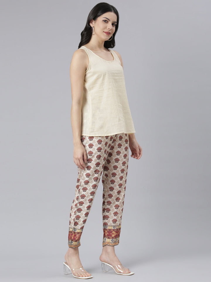 Neerus Beige printed floral co-ord set kurta trouser jacket - back view