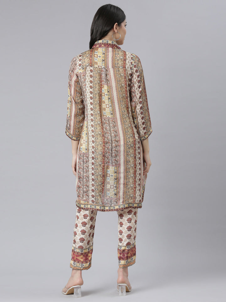Neerus Beige printed floral co-ord set kurta trouser jacket - side view