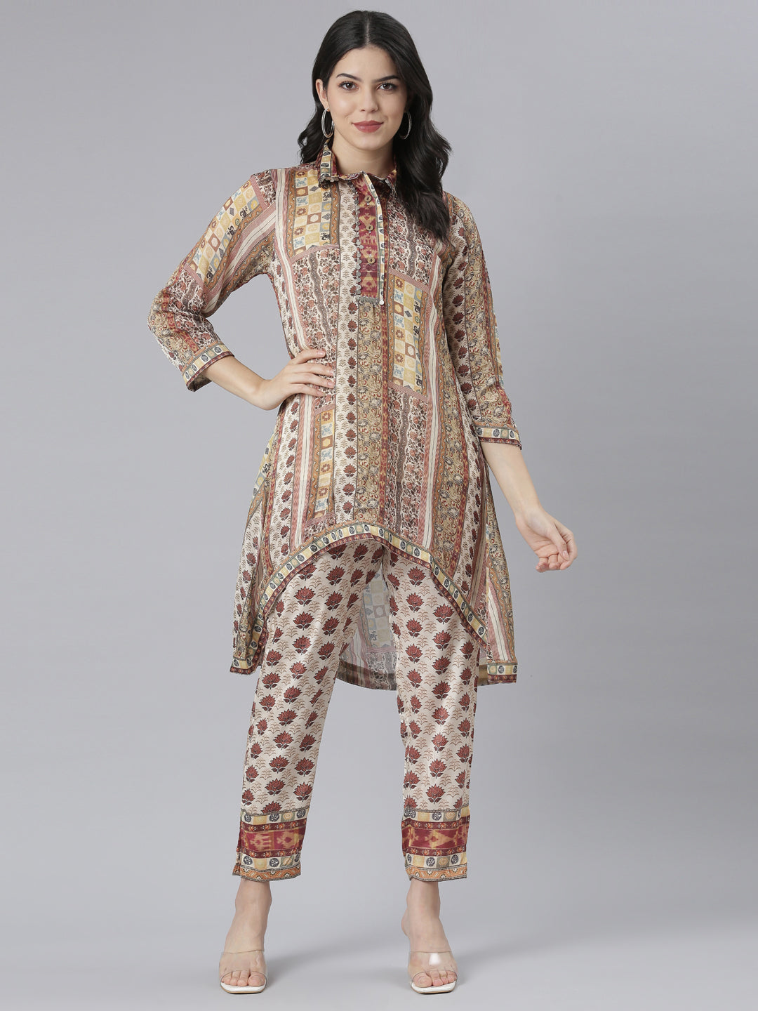 Neerus Beige printed floral co-ord set kurta trouser jacket - detail view 1