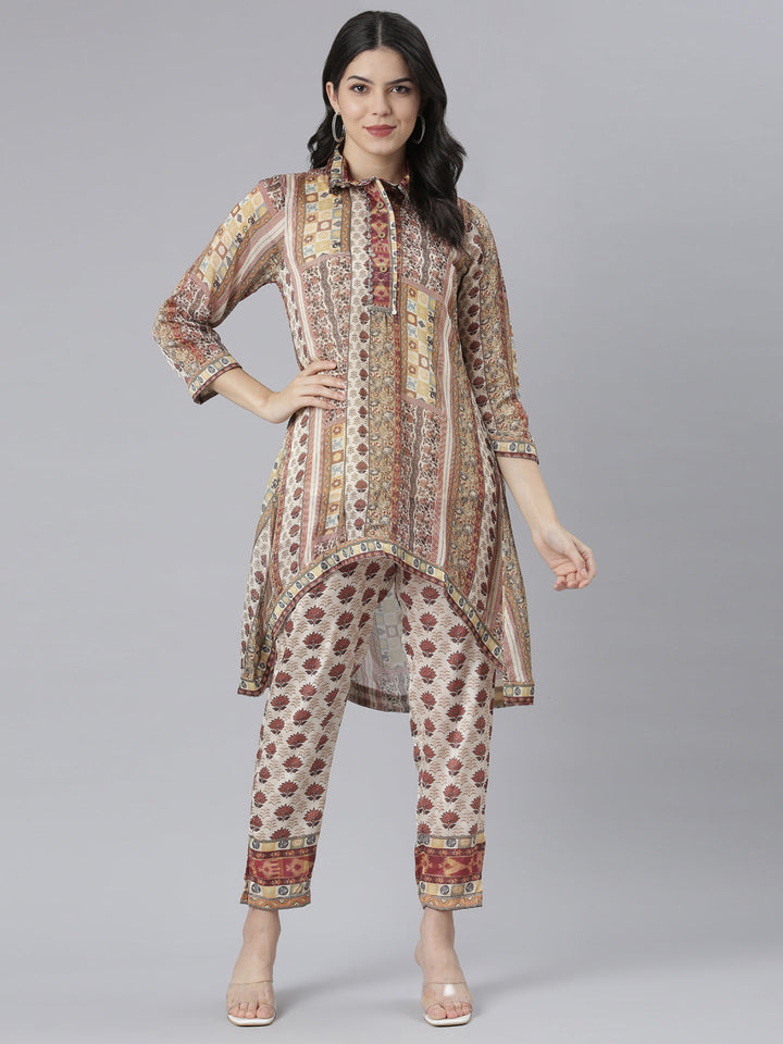 Neerus Beige printed floral co-ord set kurta trouser jacket - detail view 1