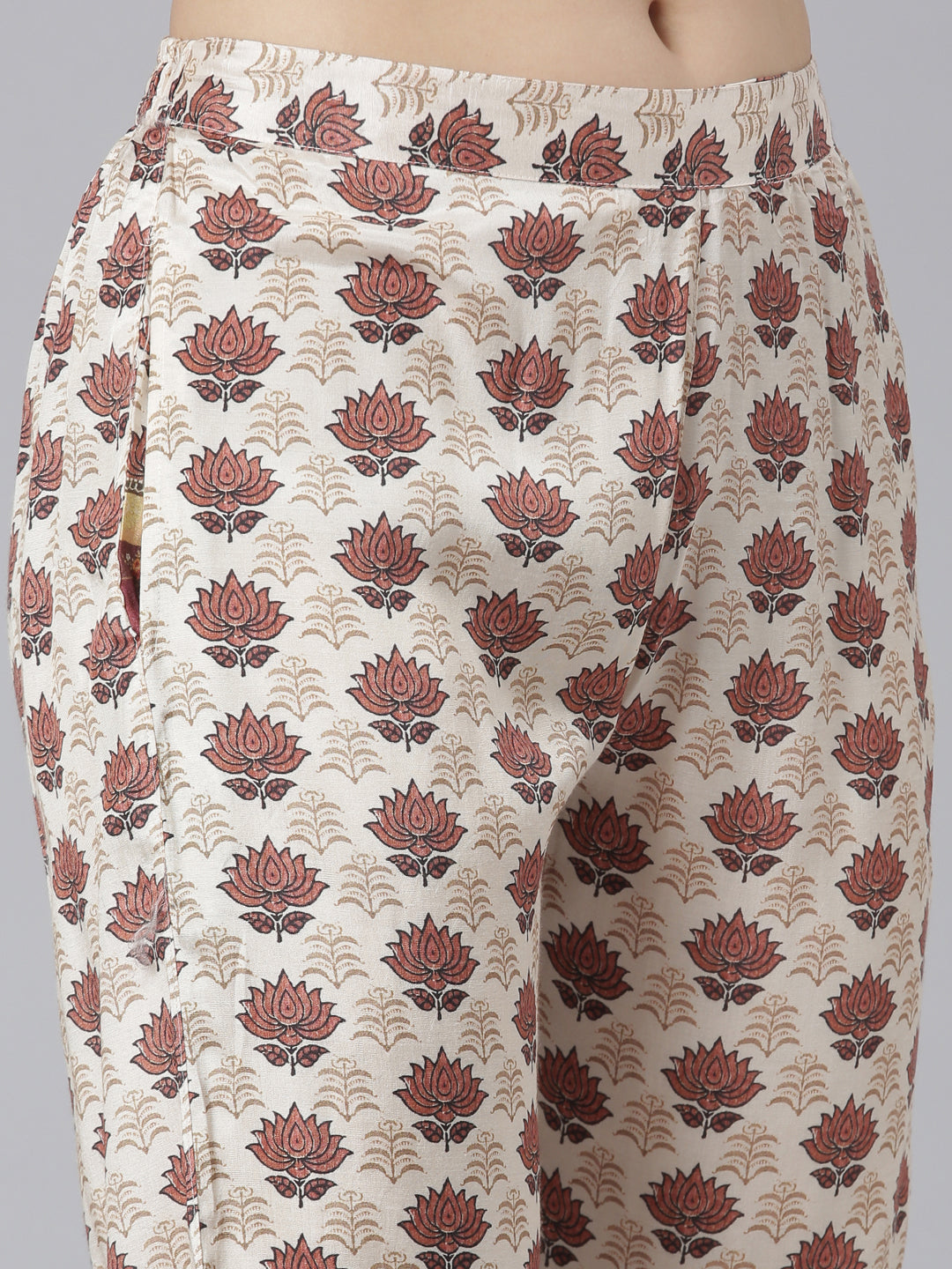 Neerus Beige printed floral co-ord set kurta trouser jacket - detail view 3