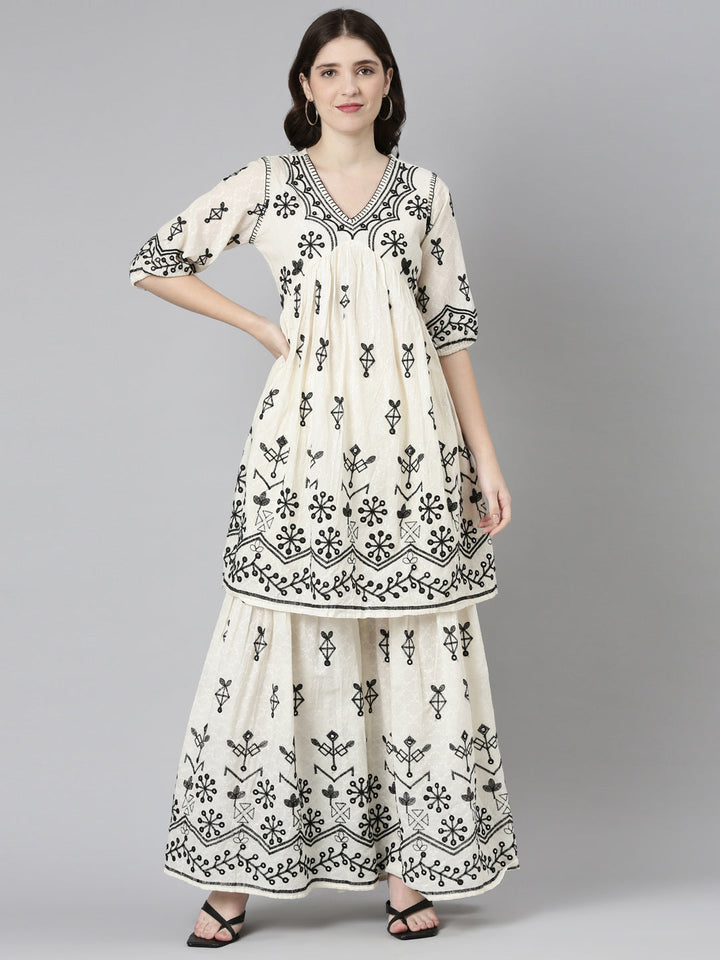 Neerus Cream Regular Straight Embroidered Kurta And Sharara With Dupatta
