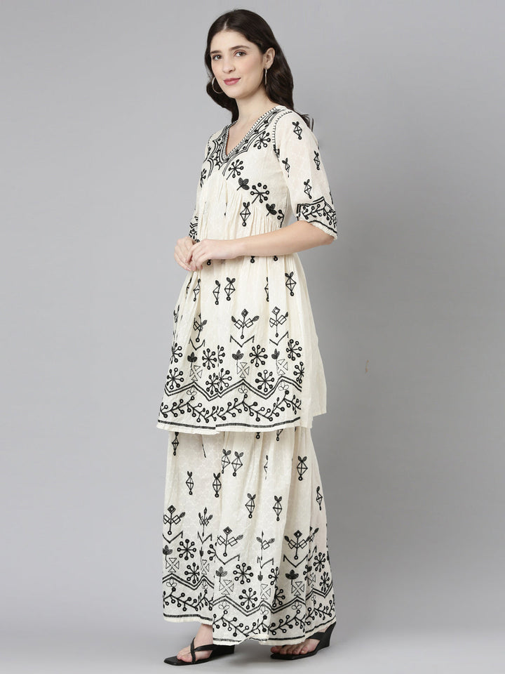 Neerus Cream Regular Straight Embroidered Kurta And Sharara With Dupatta