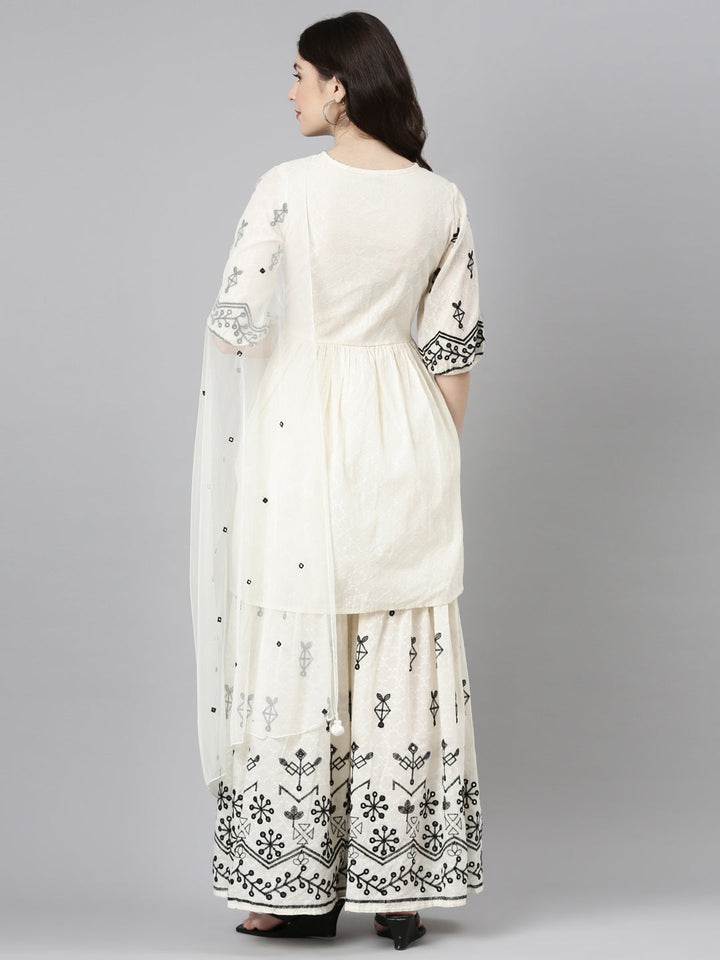 Neerus Cream Regular Straight Embroidered Kurta And Sharara With Dupatta