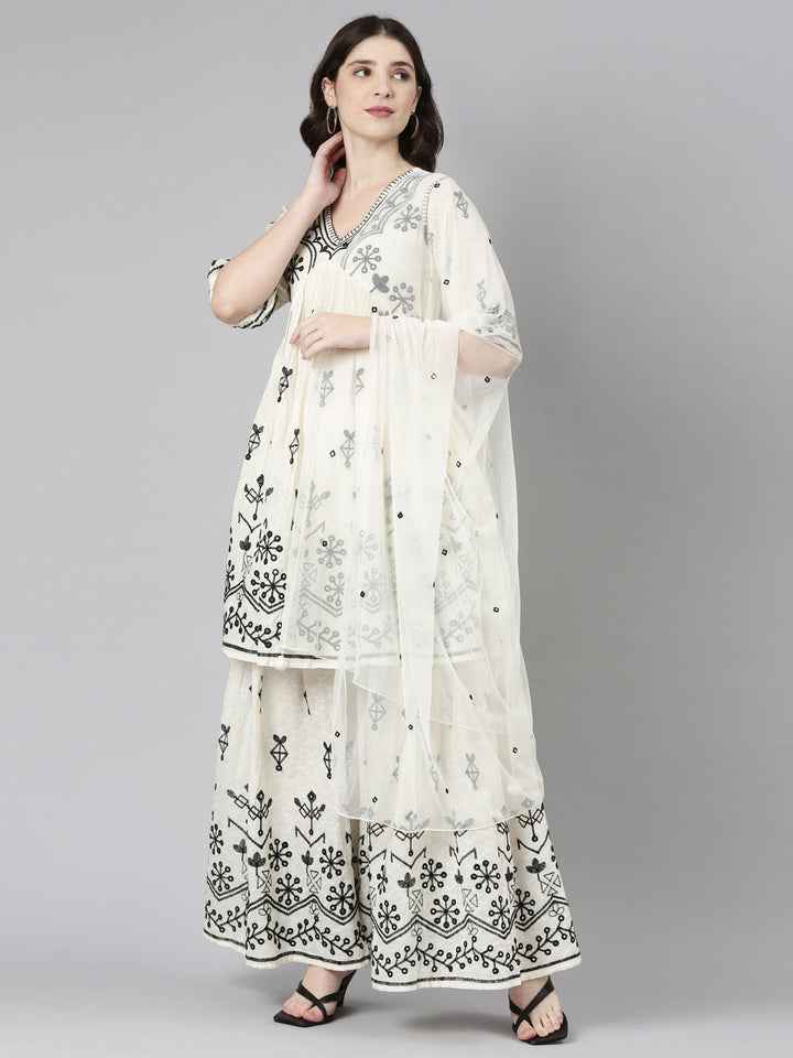 Neerus Cream Regular Straight Embroidered Kurta And Sharara With Dupatta
