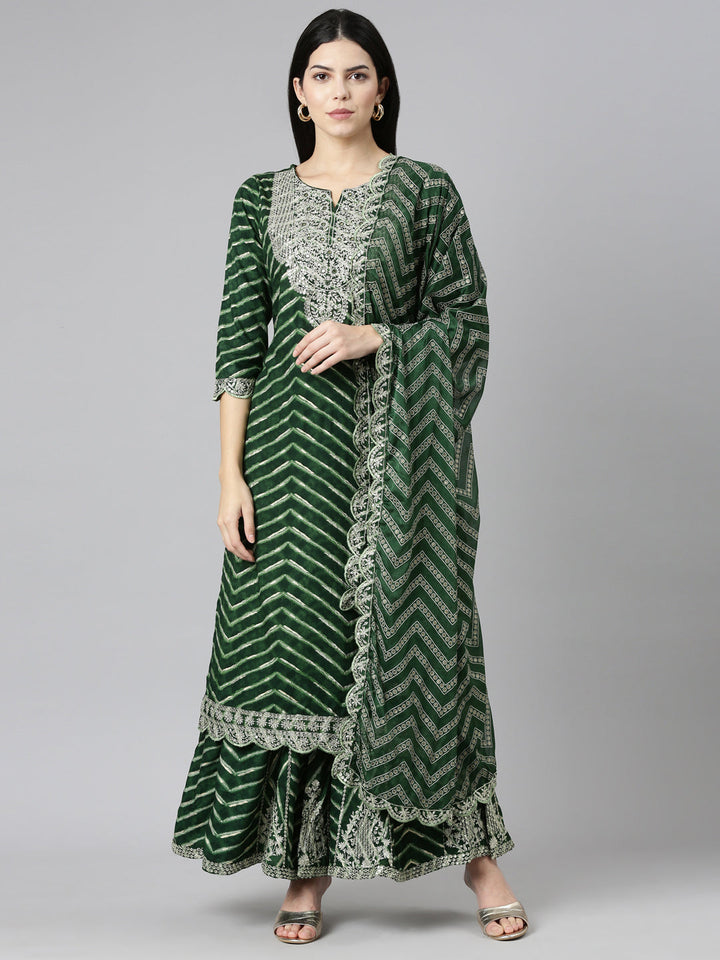 Neerus Green Regular Straight Printed Kurta And Sharara With Dupatta
