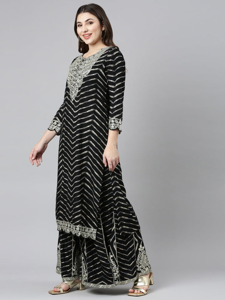 Neerus Black printed straight sharara set with dupatta - back view