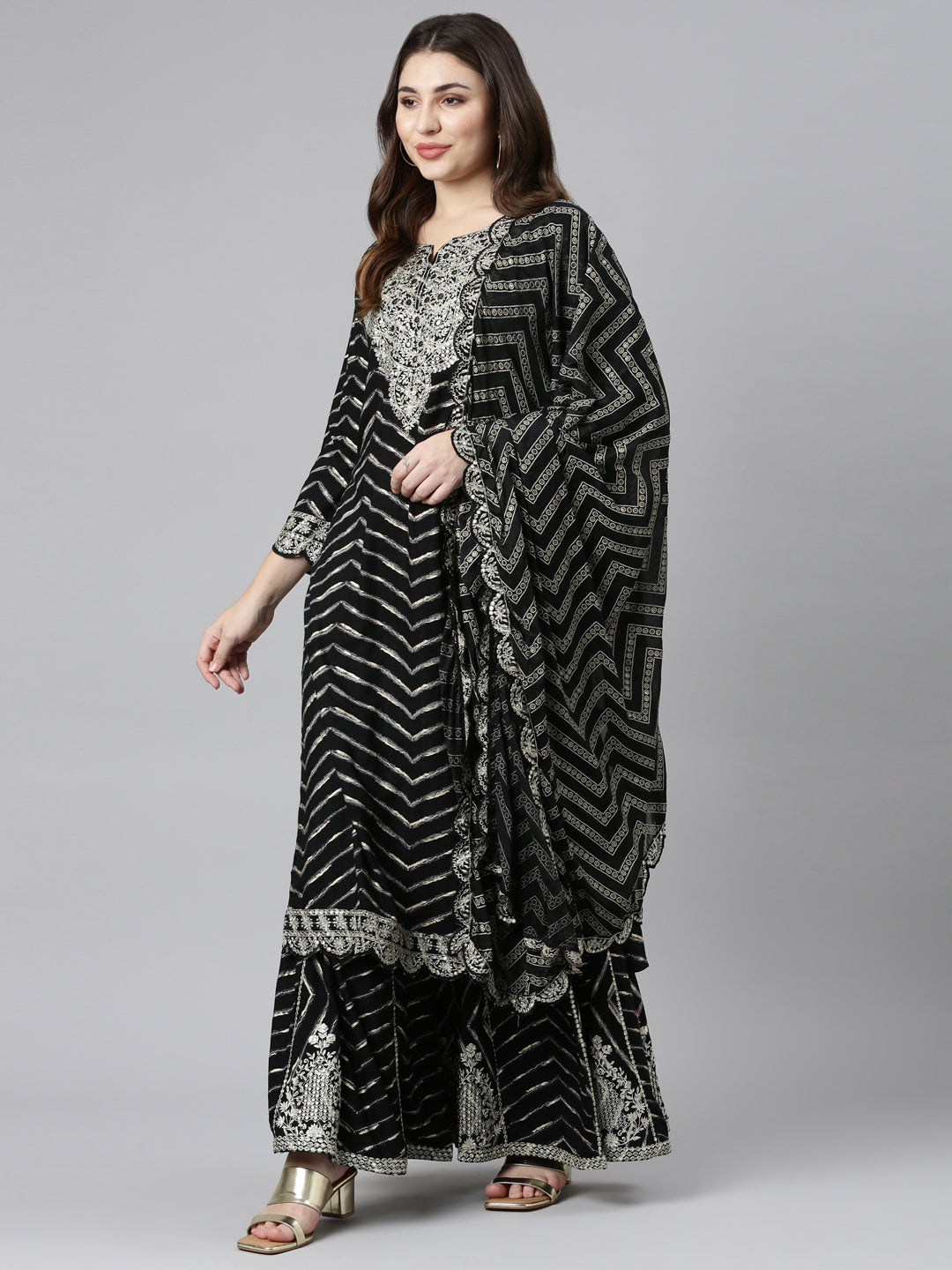 Neerus Black printed straight sharara set with dupatta - detail view 2