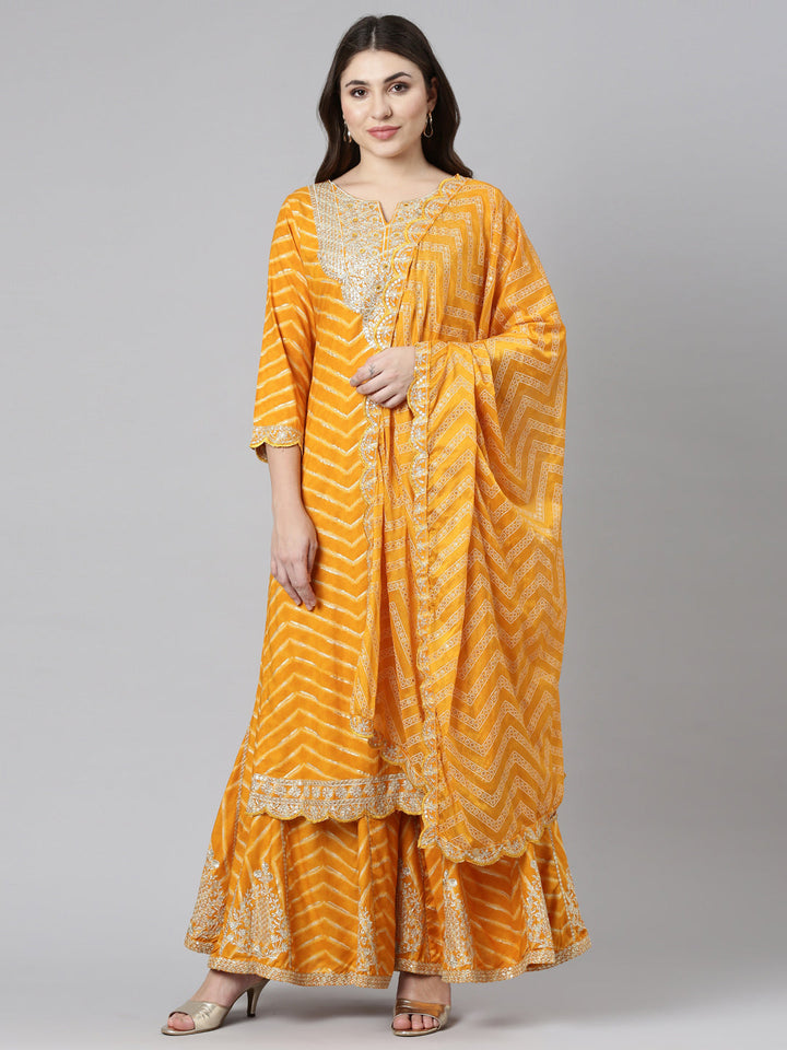 Neerus Yellow Georgette Printed Sharara Set - front view