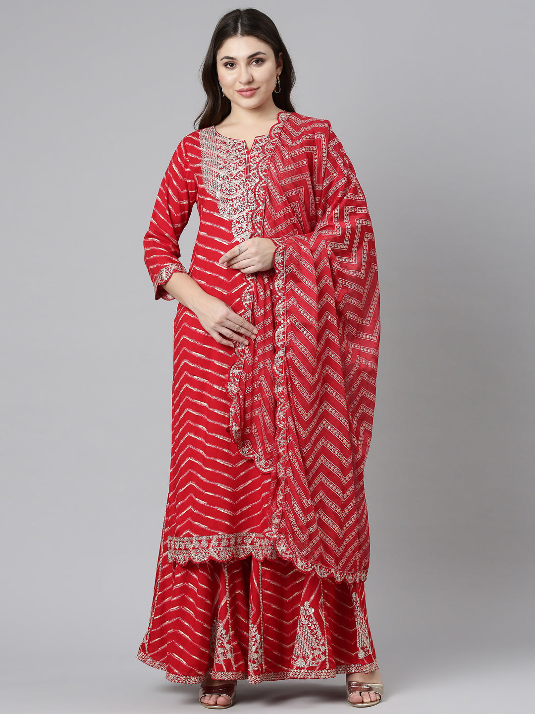 Neerus Red printed sharara set with dupatta - front view