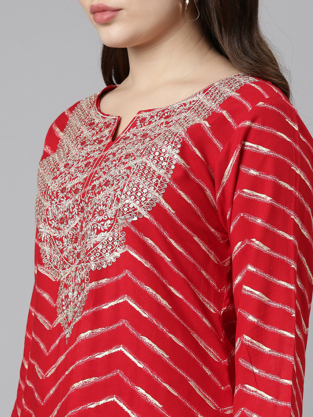 Neerus Red printed sharara set with dupatta - detail view 1