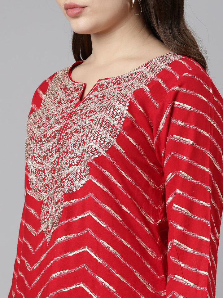 Neerus Red printed sharara set with dupatta - detail view 1