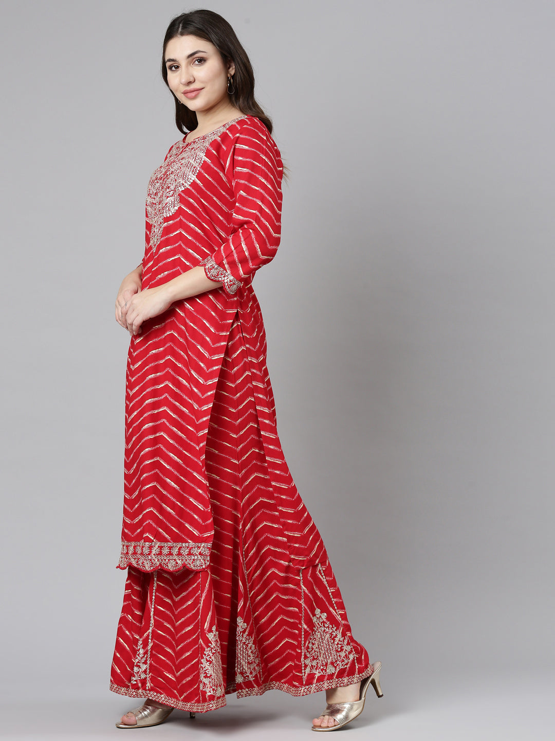 Neerus Red printed sharara set with dupatta - back view