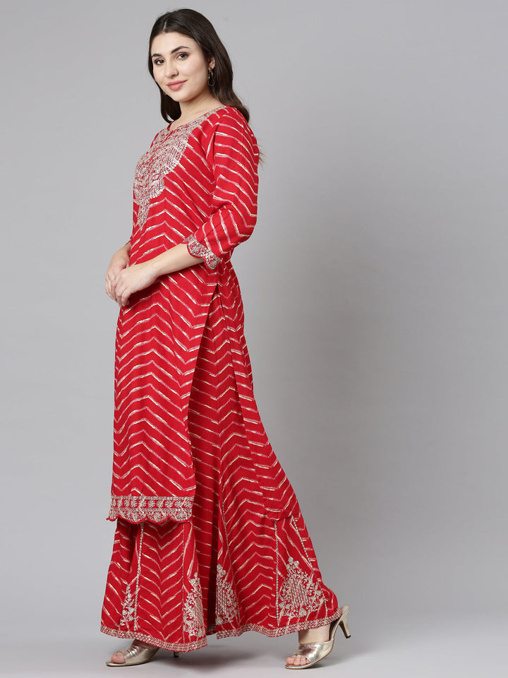 Neerus Red printed sharara set with dupatta - back view