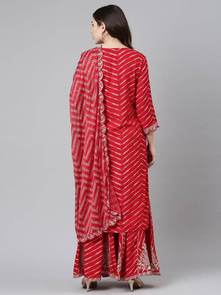 Neerus Red printed sharara set with dupatta - side view