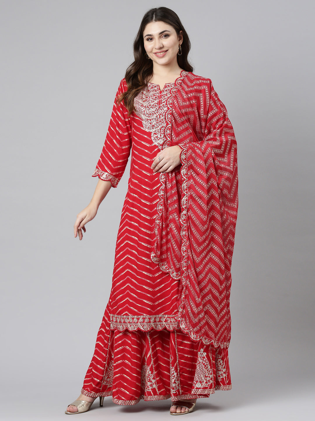 Neerus Red printed sharara set with dupatta - detail view 2