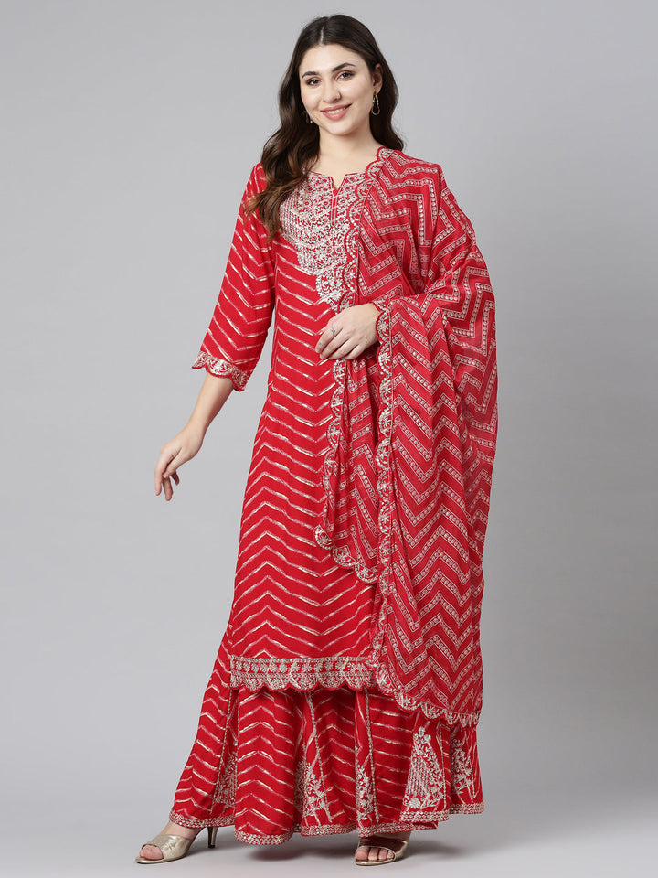 Neerus Red printed sharara set with dupatta - detail view 2