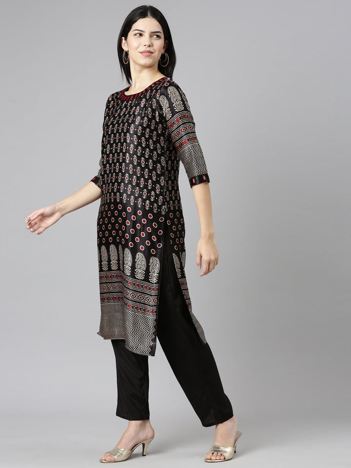 Neerus Black printed straight kurta set with dupatta - back view