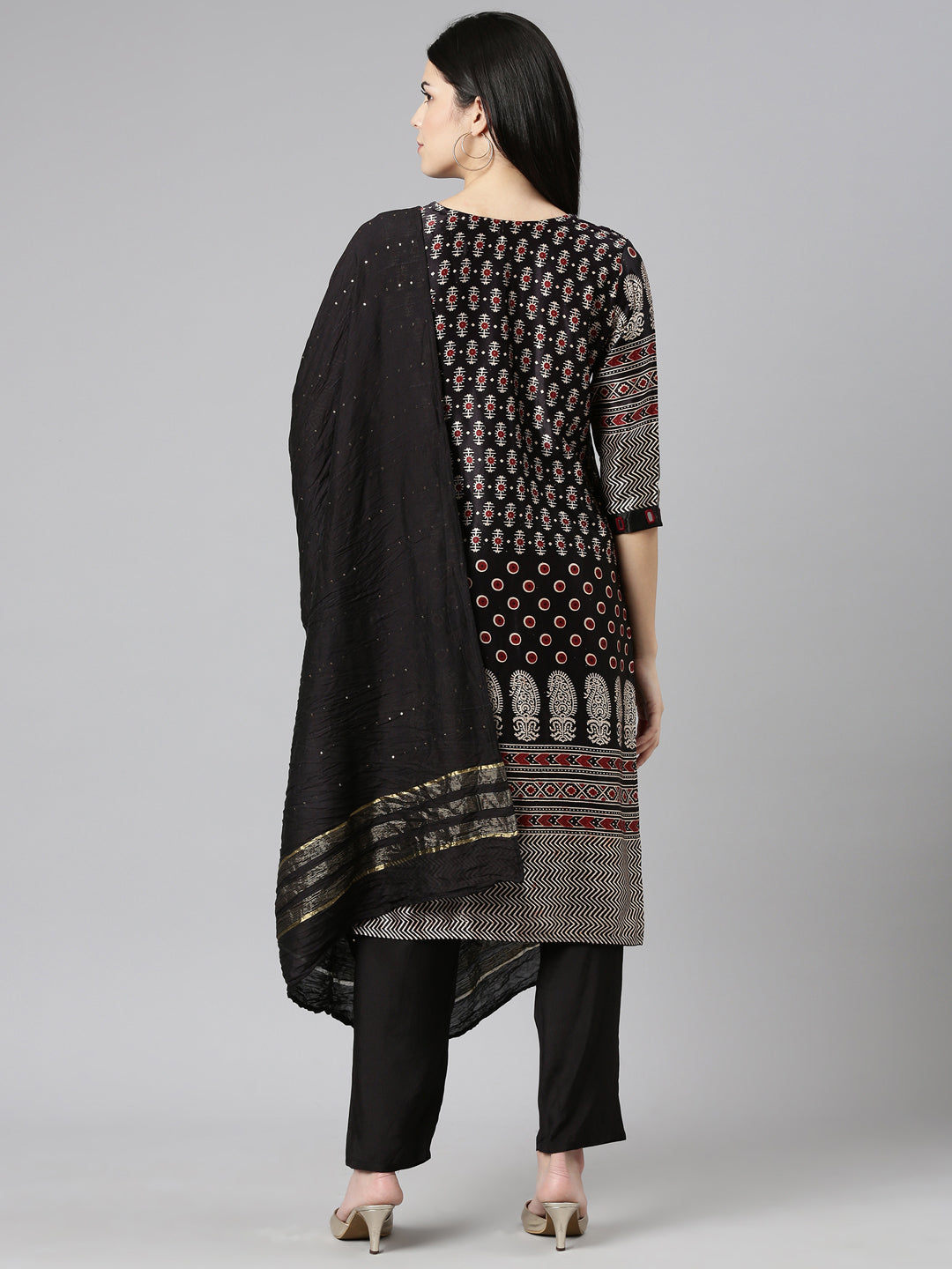 Neerus Black printed straight kurta set with dupatta - side view