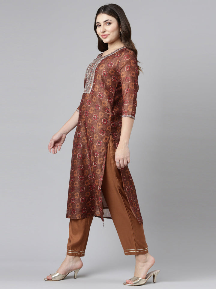 Neerus Brown printed straight kurta set with dupatta - back view