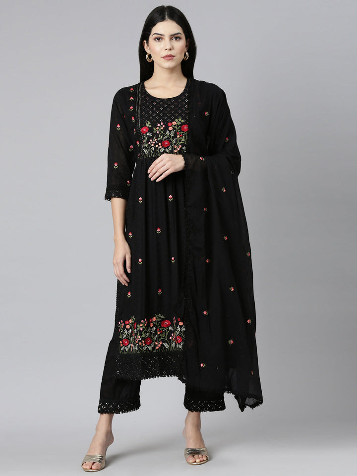 Neerus Black embroidered straight kurta set - front view