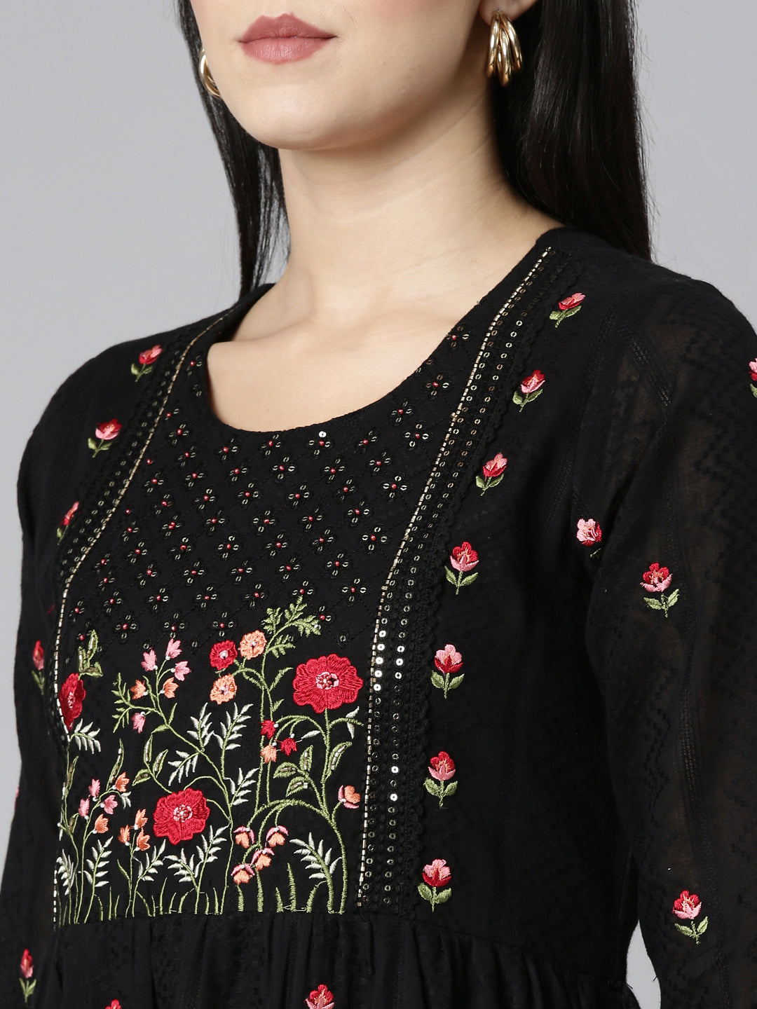 Neerus Black embroidered straight kurta set - detail view 1