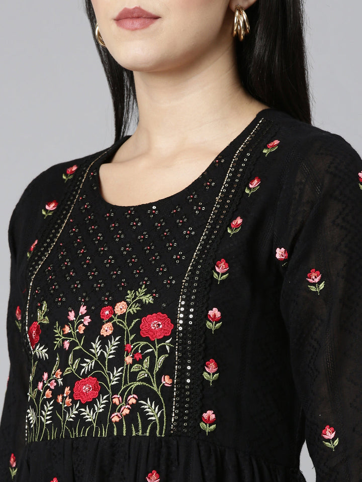 Neerus Black embroidered straight kurta set - detail view 1